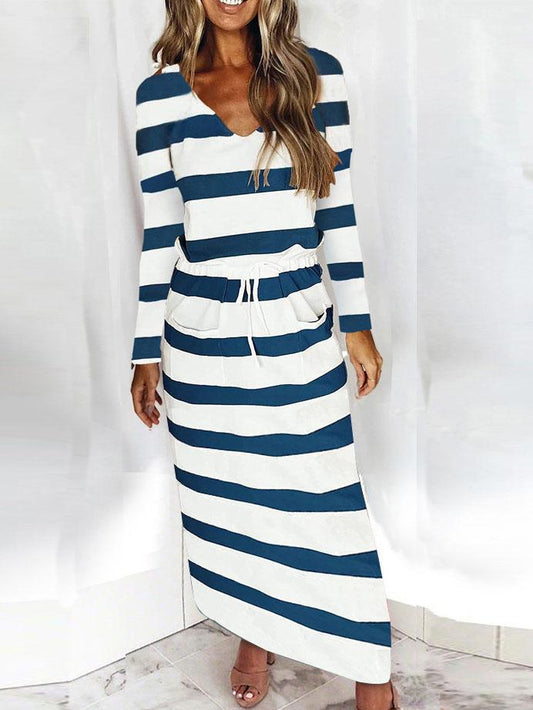 V-neck Loose Striped Print Long-sleeved Dress - LuckyFash™