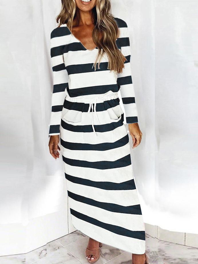 V-neck Loose Striped Print Long-sleeved Dress - LuckyFash™