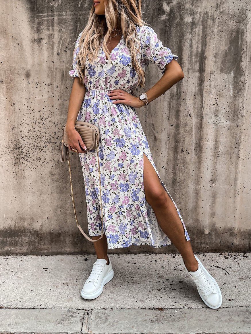 V-neck Print Split Long Dress - LuckyFash™