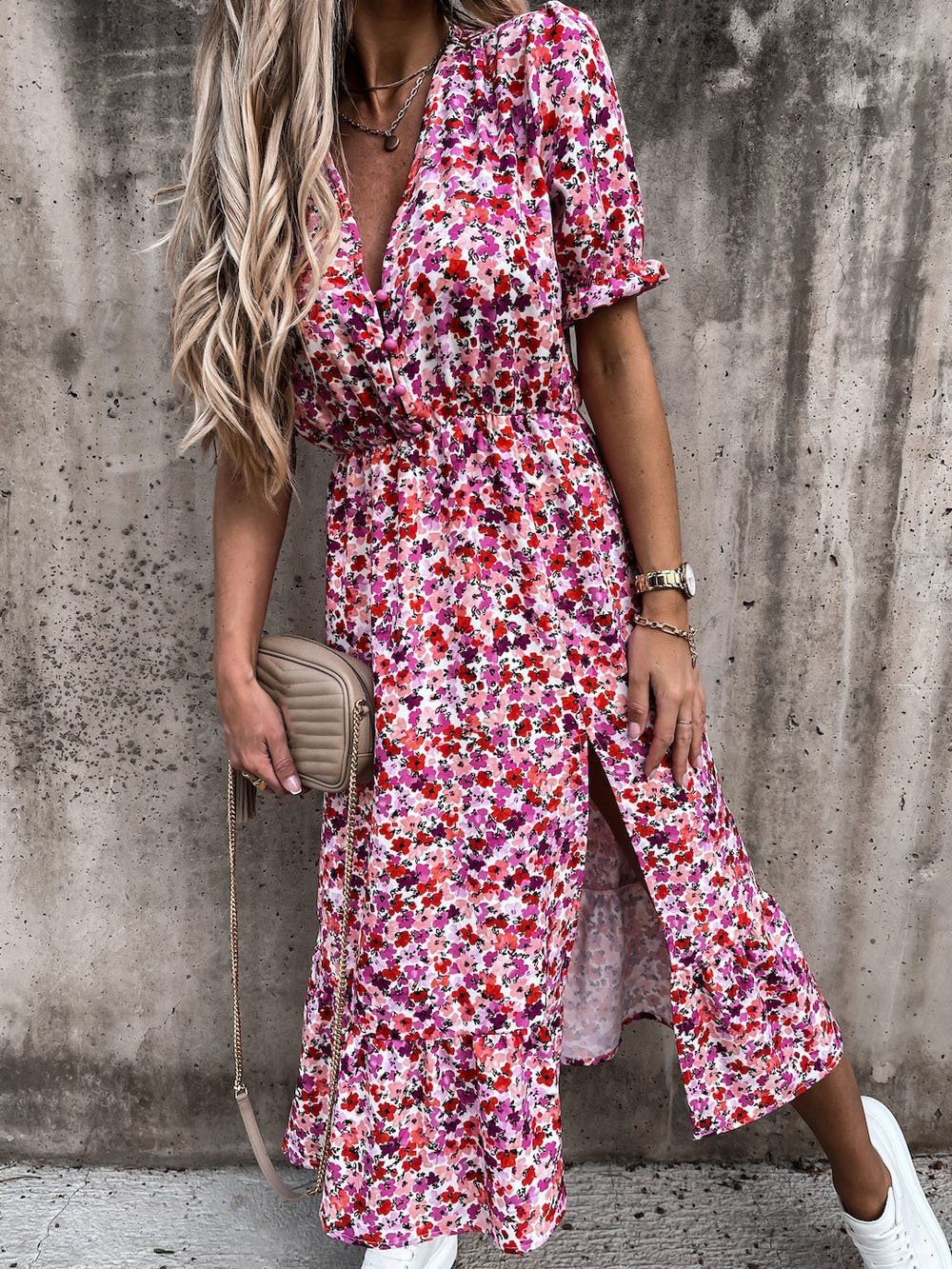 V-neck Print Split Long Dress - LuckyFash™