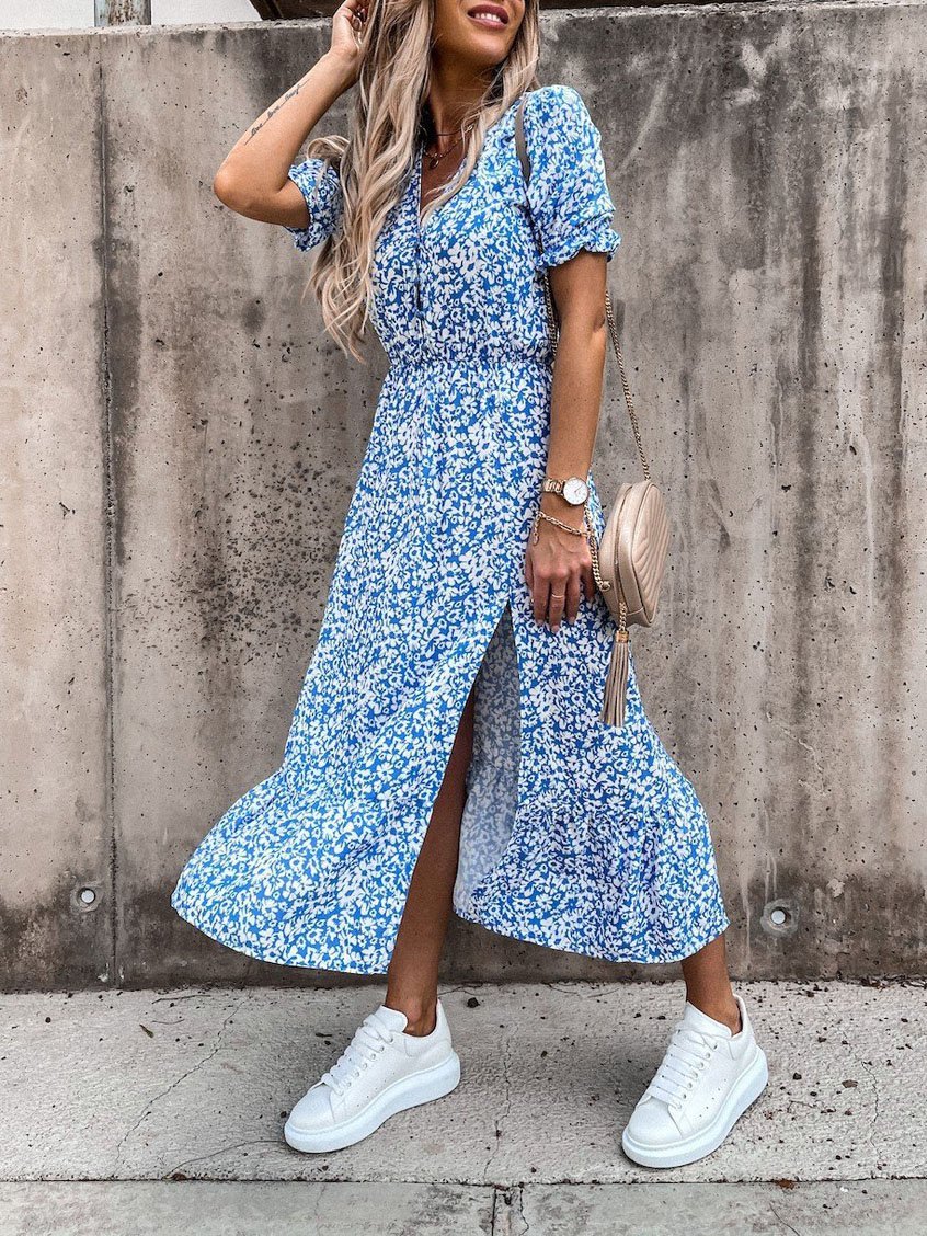 V-neck Print Split Long Dress - LuckyFash™