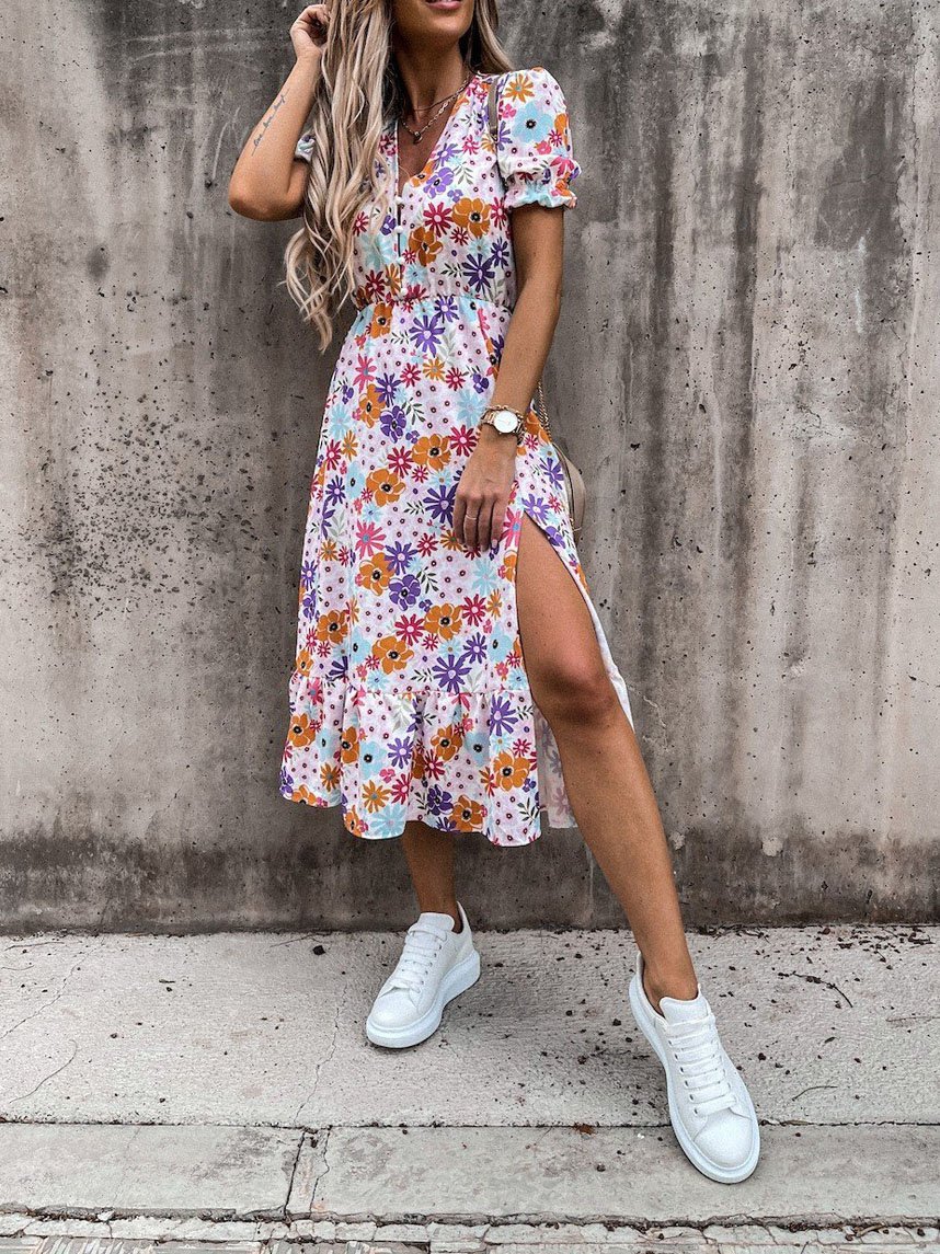 V-neck Print Split Long Dress - LuckyFash™