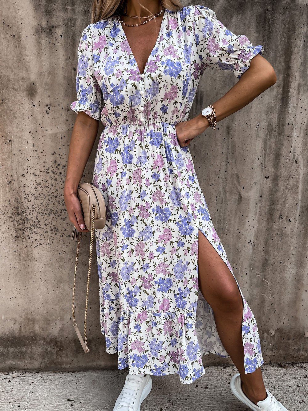 V-neck Print Split Long Dress - LuckyFash™