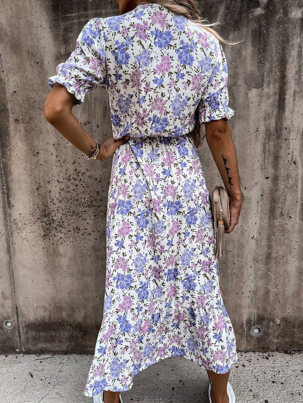 V-neck Print Split Long Dress - LuckyFash™