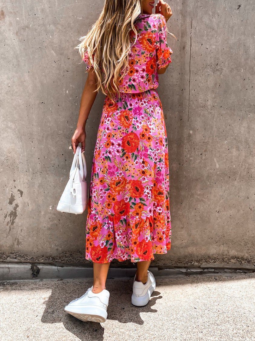 V-neck Print Split Long Dress - LuckyFash™