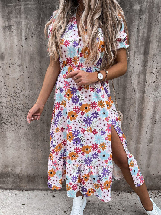 V-neck Print Split Long Dress - LuckyFash™