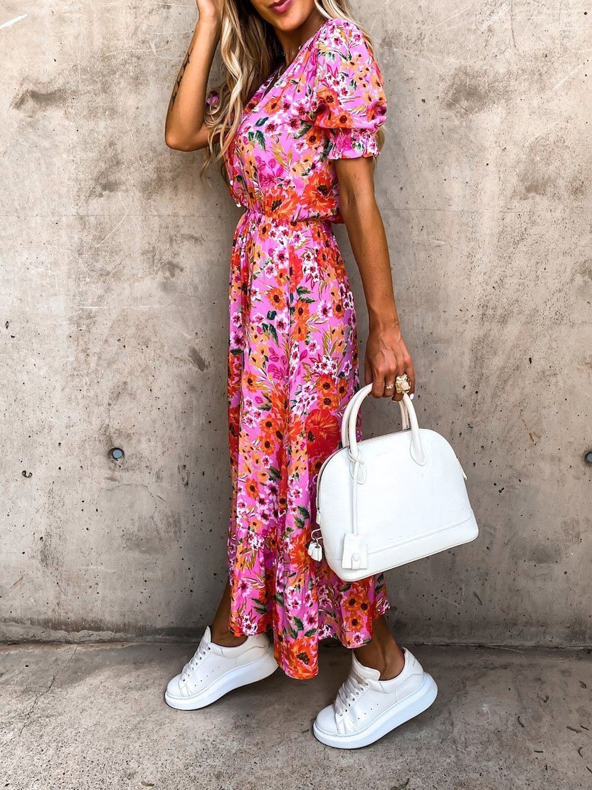 V-neck Print Split Long Dress - LuckyFash™