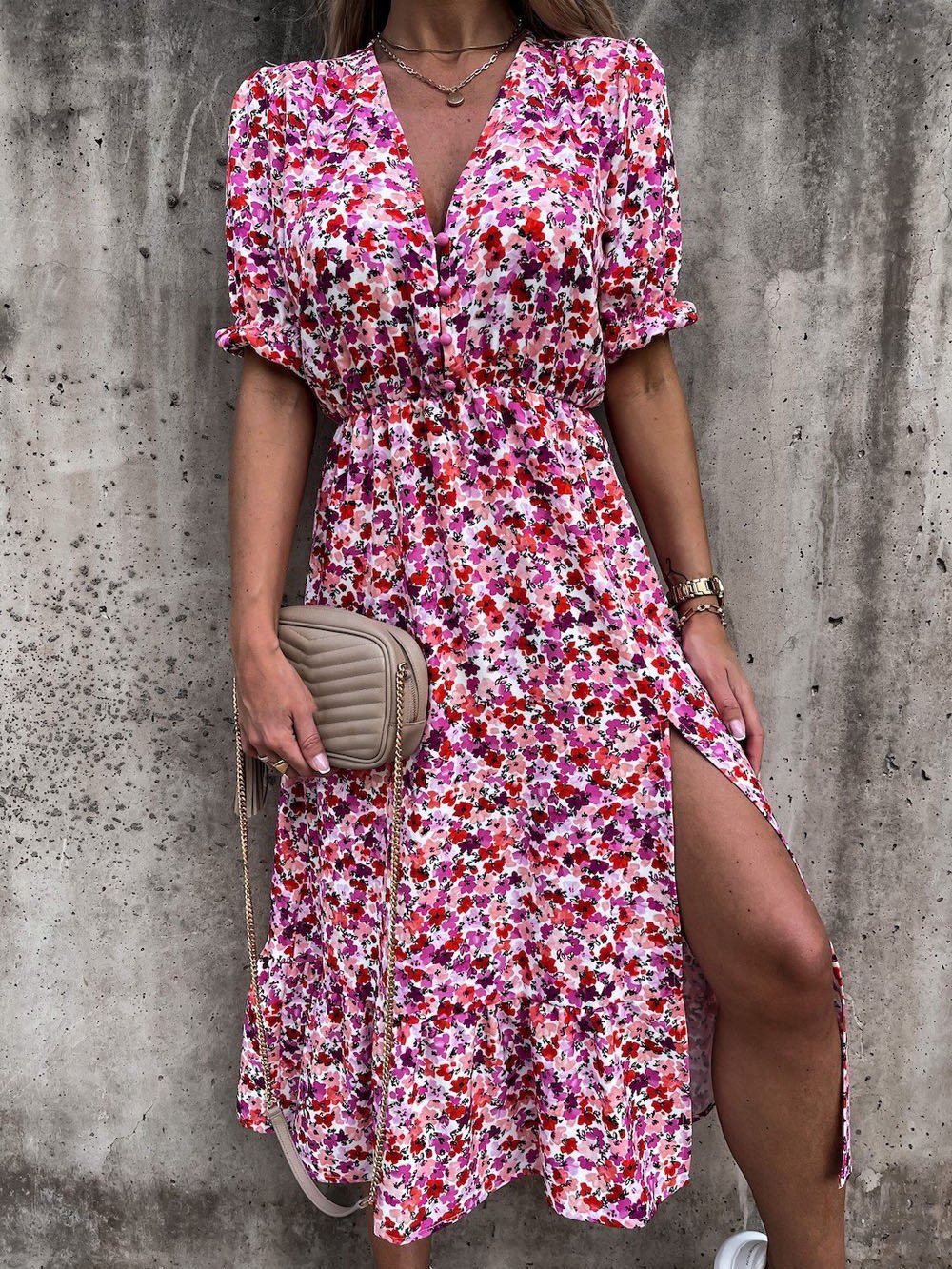 V-neck Print Split Long Dress - LuckyFash™