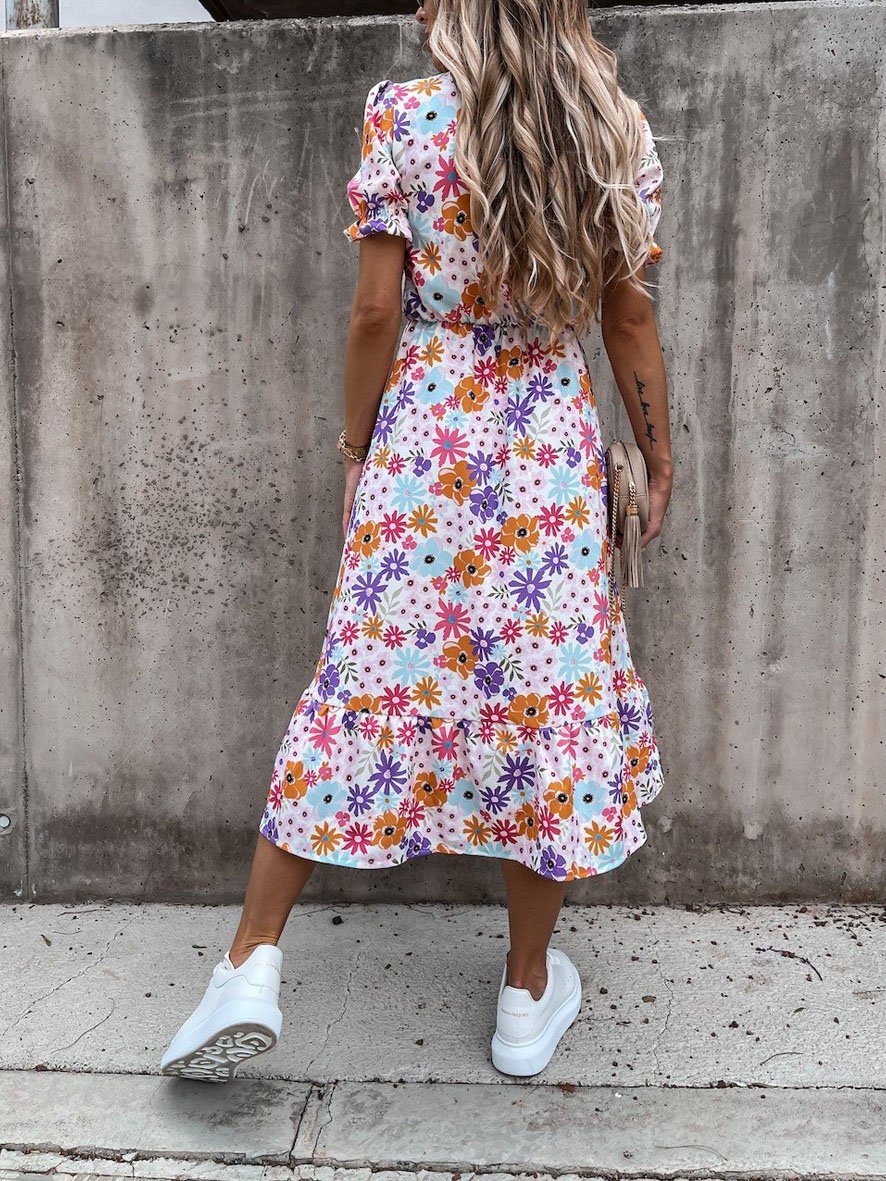 V-neck Print Split Long Dress - LuckyFash™