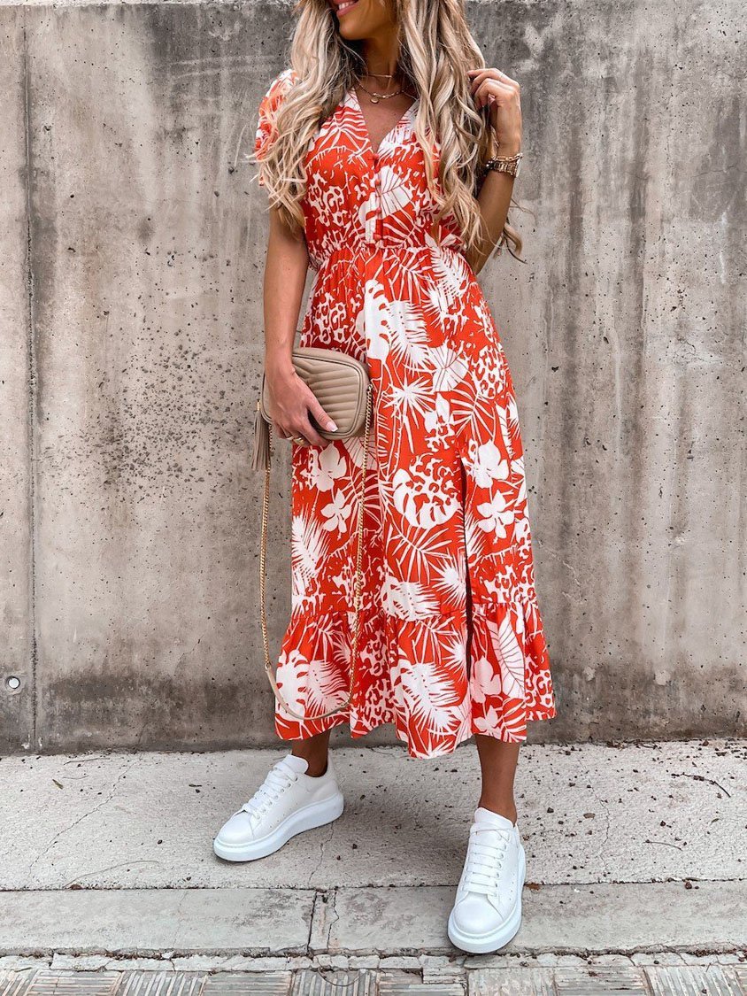 V-neck Print Split Long Dress - LuckyFash™
