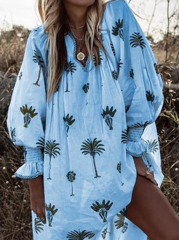 V-Neck Printed Lantern Long Sleeve Dress - LuckyFash™
