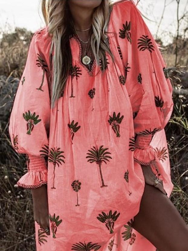V-Neck Printed Lantern Long Sleeve Dress - LuckyFash™