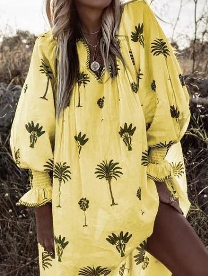 V-Neck Printed Lantern Long Sleeve Dress - LuckyFash™