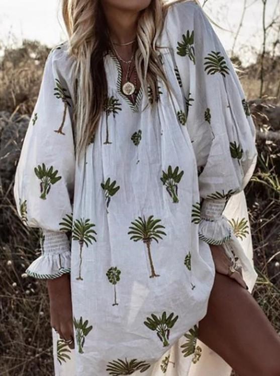 V-Neck Printed Lantern Long Sleeve Dress - LuckyFash™