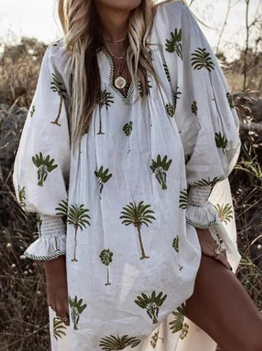 V-Neck Printed Lantern Long Sleeve Dress - LuckyFash™