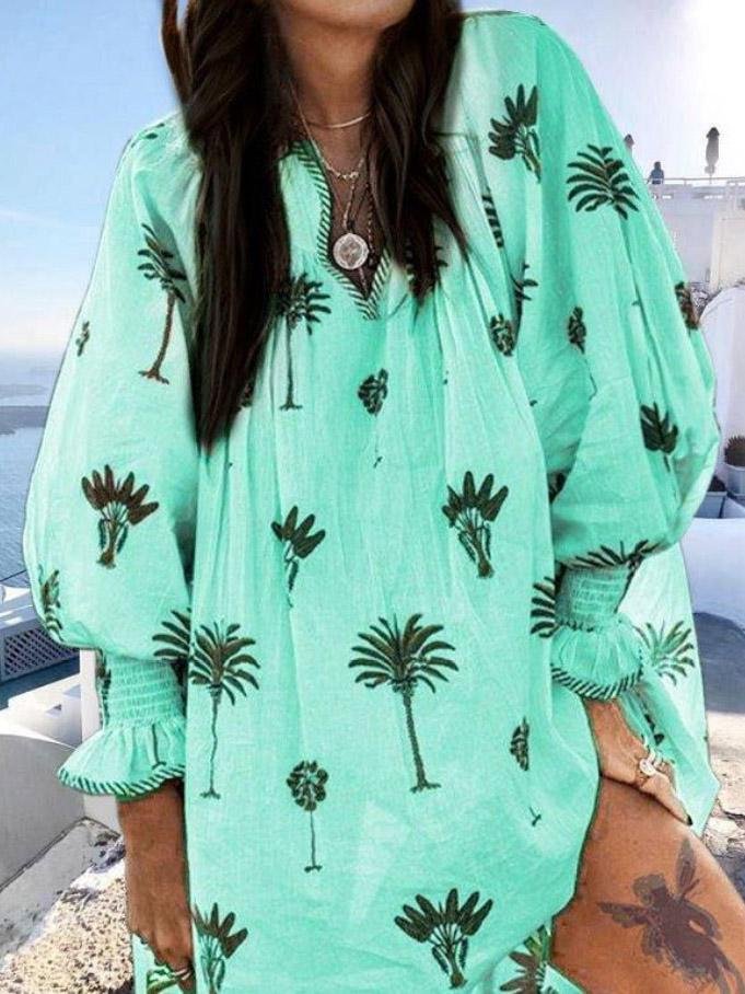 V-Neck Printed Lantern Long Sleeve Dress - LuckyFash™