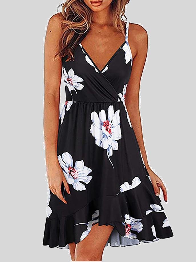 V-Neck Printed Sleeveless Suspender Dress - LuckyFash™