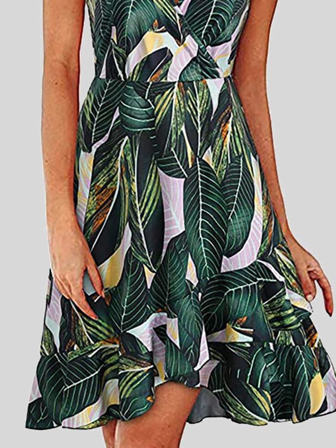 V-Neck Printed Sleeveless Suspender Dress - LuckyFash™