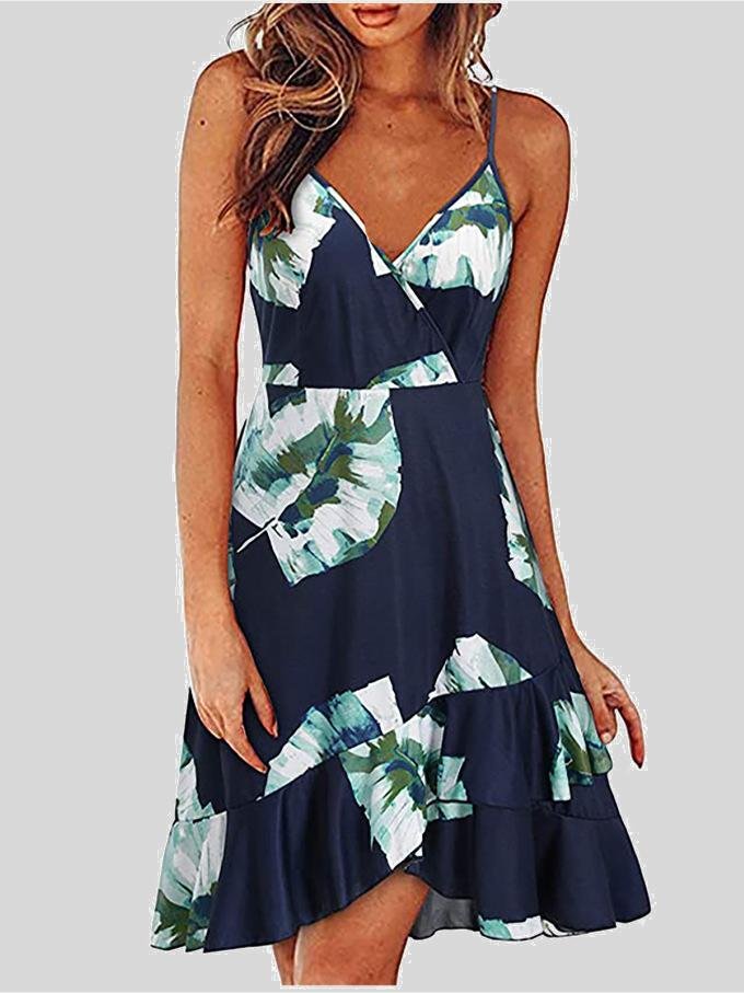 V-Neck Printed Sleeveless Suspender Dress - LuckyFash™