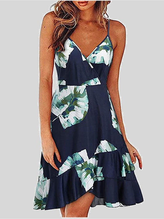 V-Neck Printed Sleeveless Suspender Dress - LuckyFash™