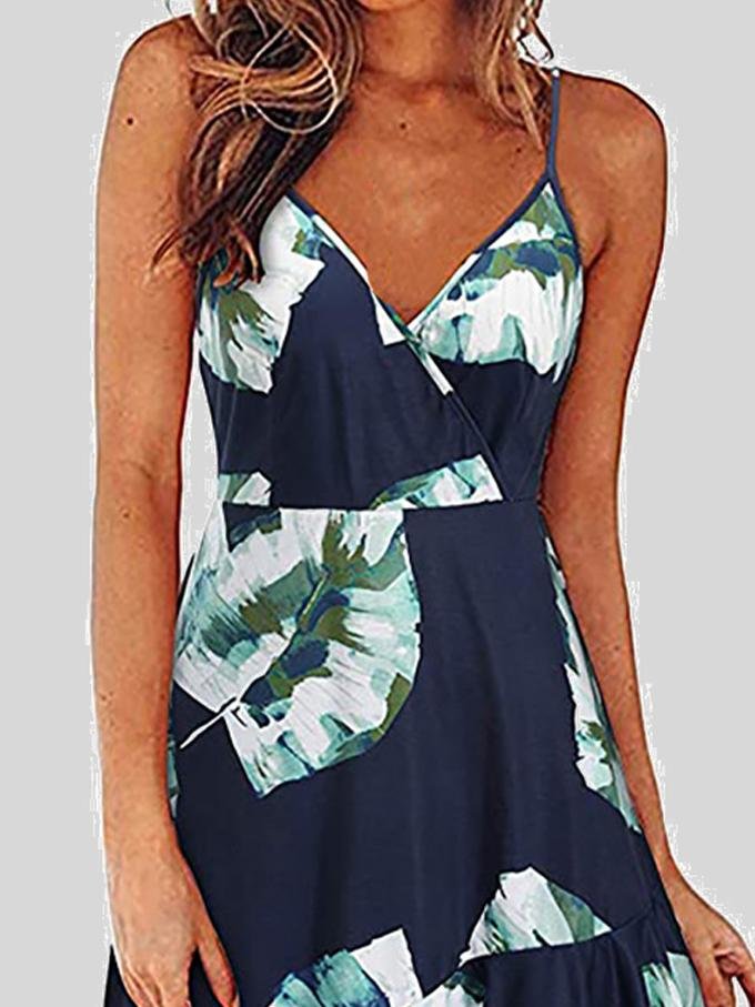 V-Neck Printed Sleeveless Suspender Dress - LuckyFash™