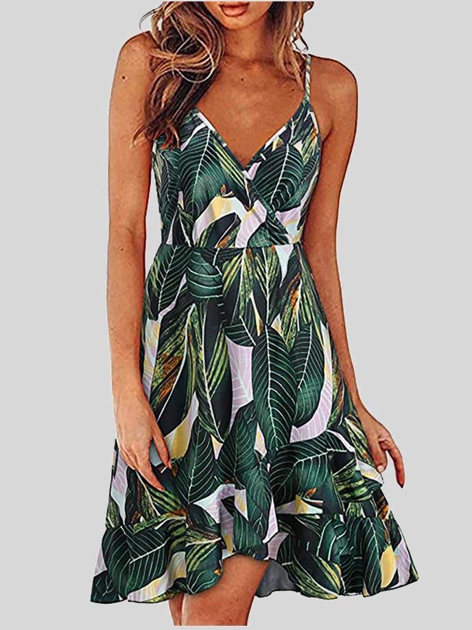 V-Neck Printed Sleeveless Suspender Dress - LuckyFash™