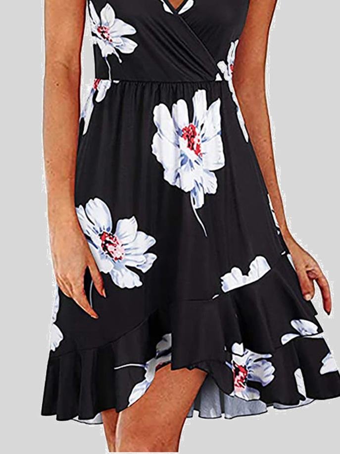 V-Neck Printed Sleeveless Suspender Dress - LuckyFash™