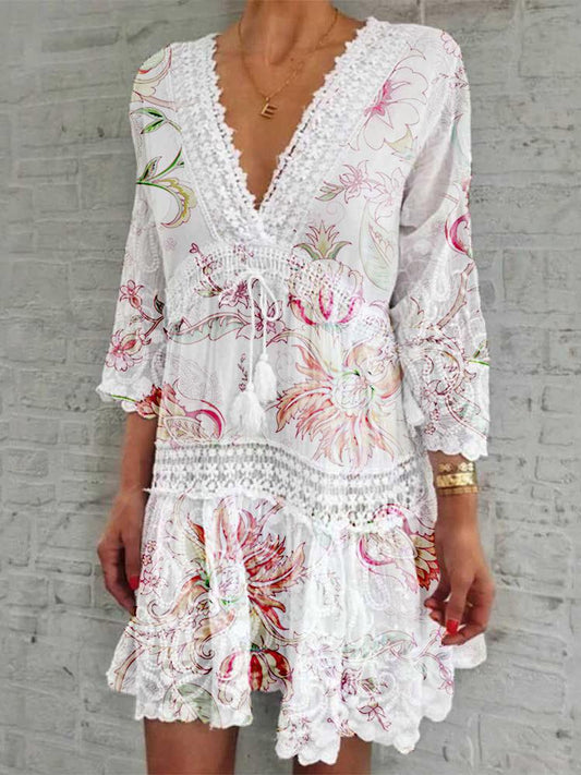 V-Neck Printed Three-Quarter Sleeve Casual Dress - LuckyFash™