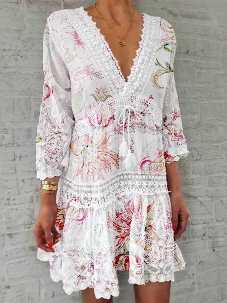 V-Neck Printed Three-Quarter Sleeve Casual Dress - LuckyFash™