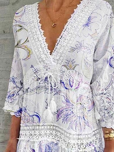 V-Neck Printed Three-Quarter Sleeve Casual Dress - LuckyFash™