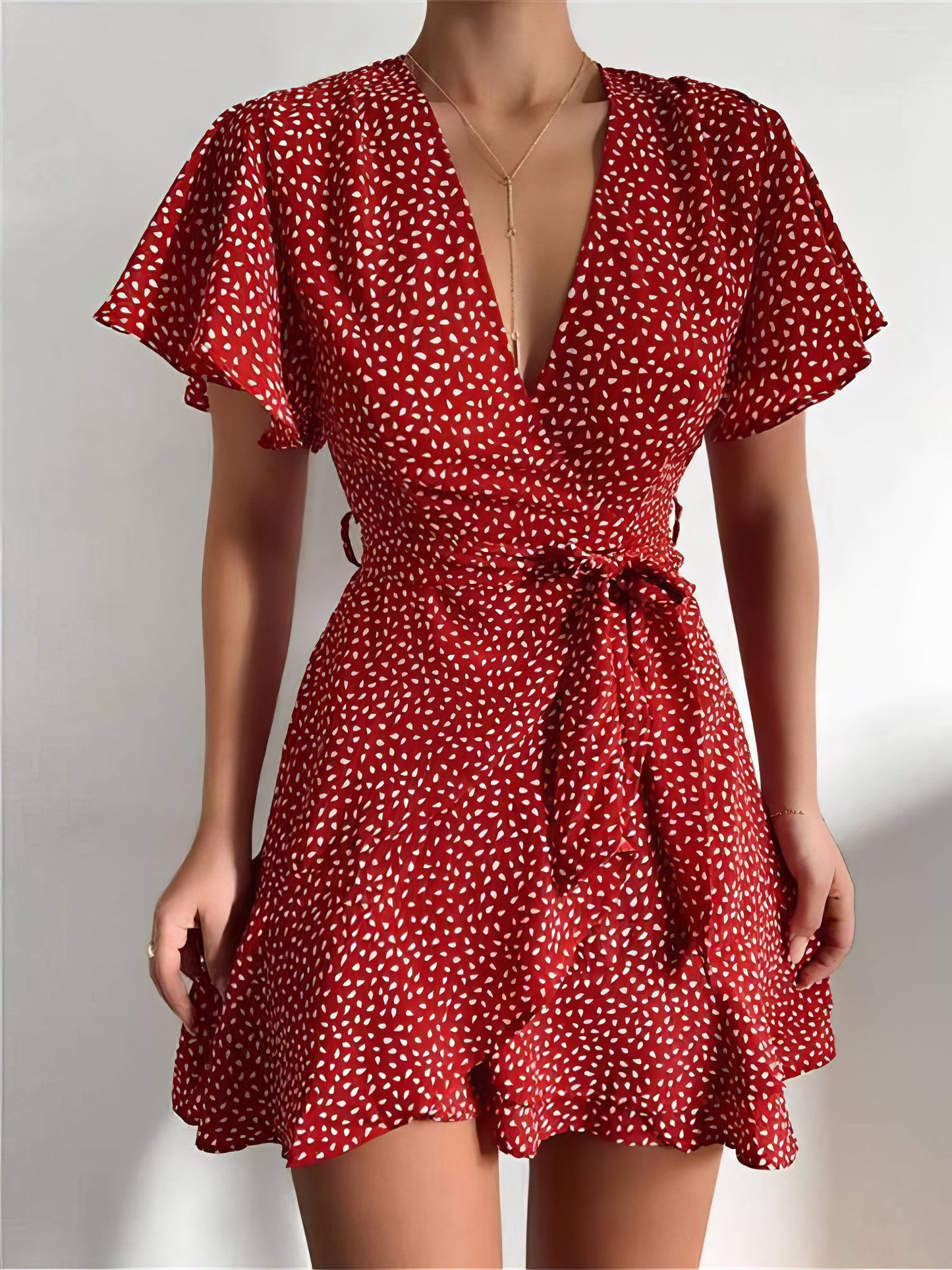 V-neck Ruffled Belt Wrap Mini Dress - LuckyFash™