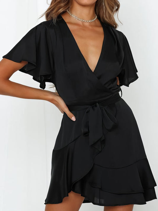 V-neck Ruffled Belt Wrap Mini Dress - LuckyFash™