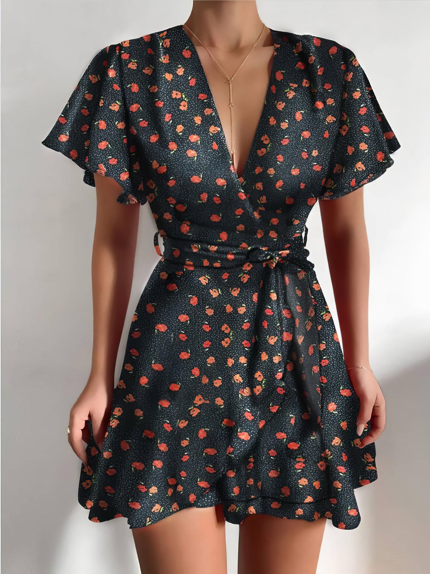 V-neck Ruffled Belt Wrap Mini Dress - LuckyFash™