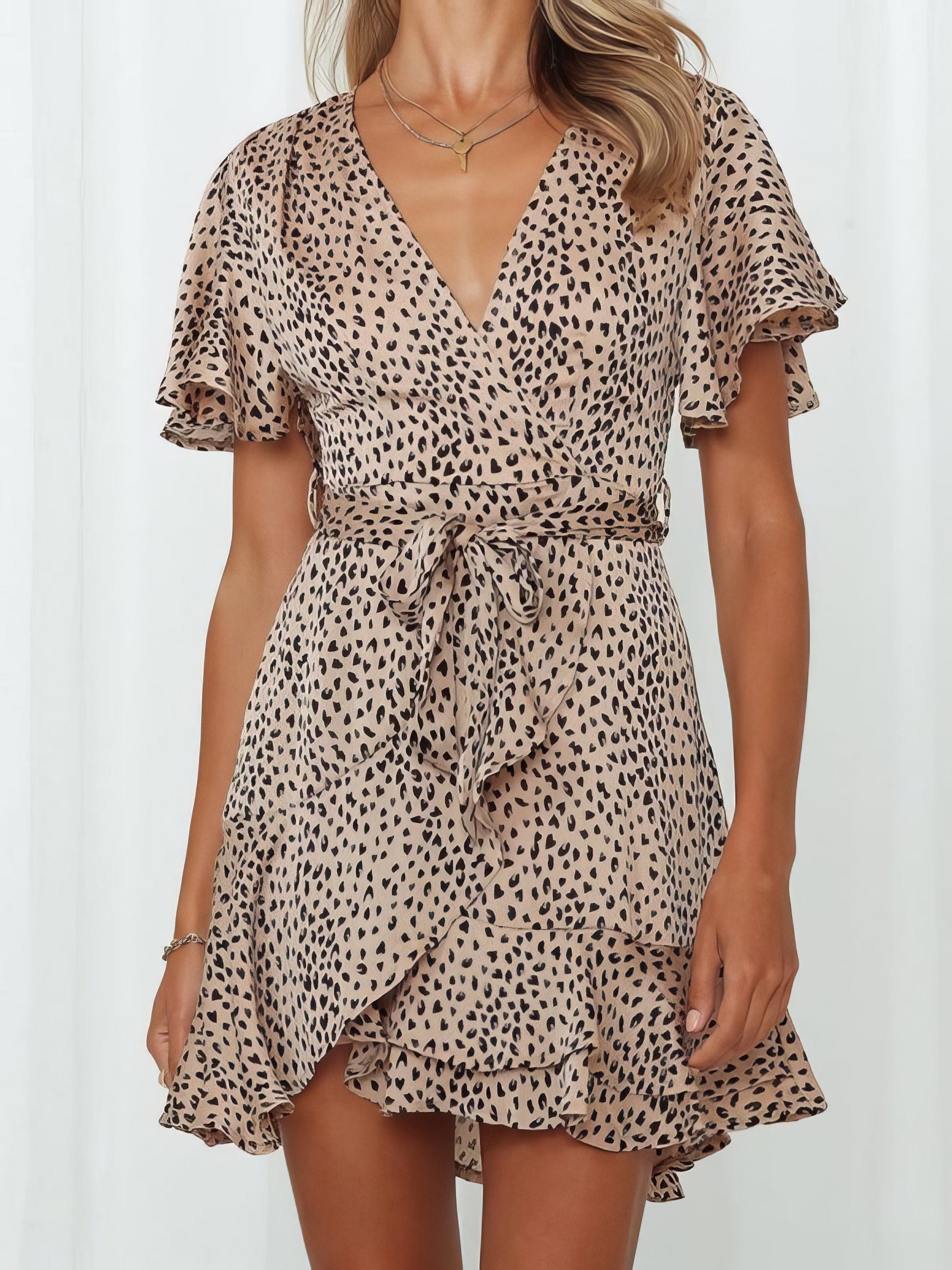 V-neck Ruffled Belt Wrap Mini Dress - LuckyFash™