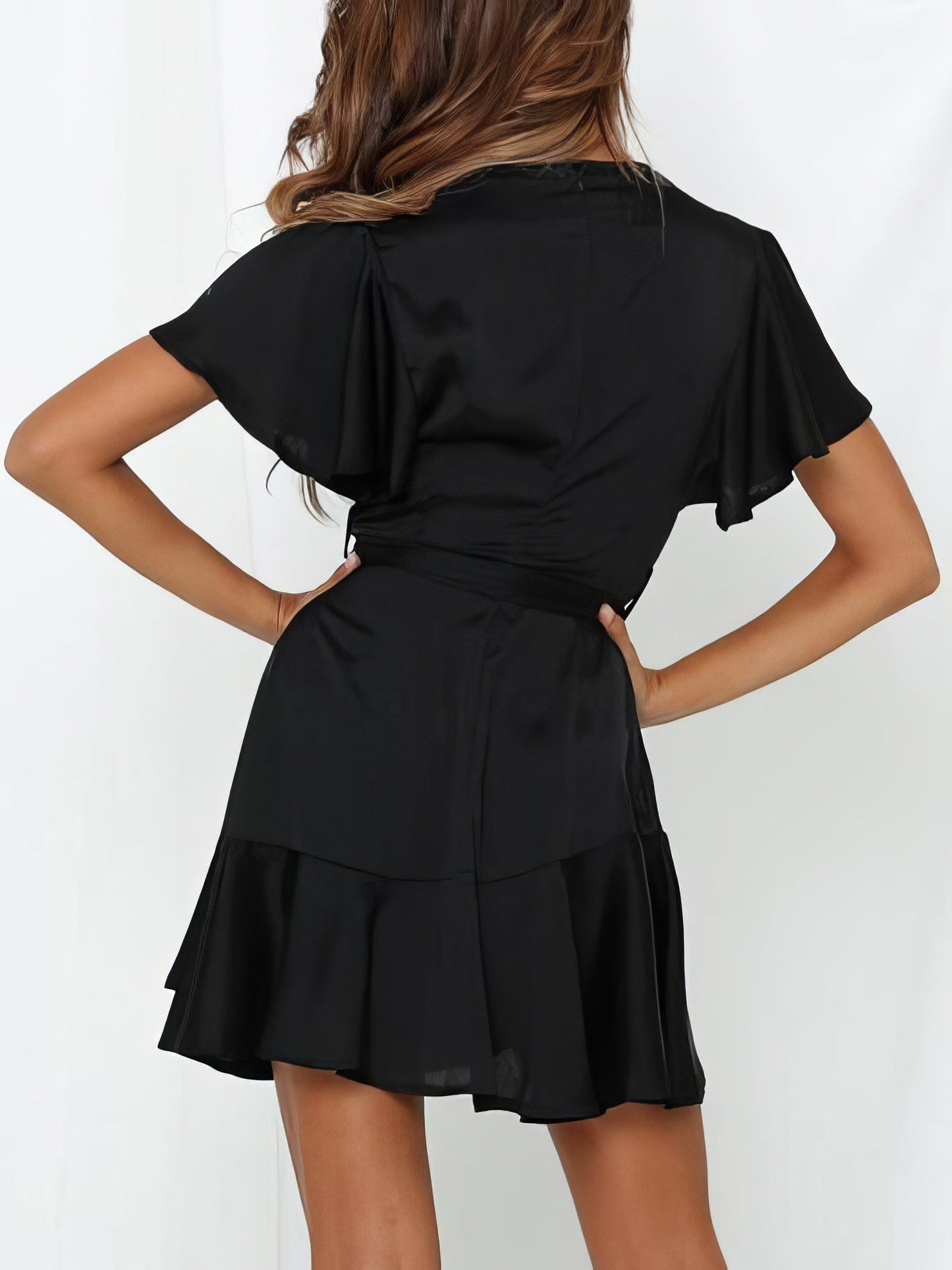 V-neck Ruffled Belt Wrap Mini Dress - LuckyFash™