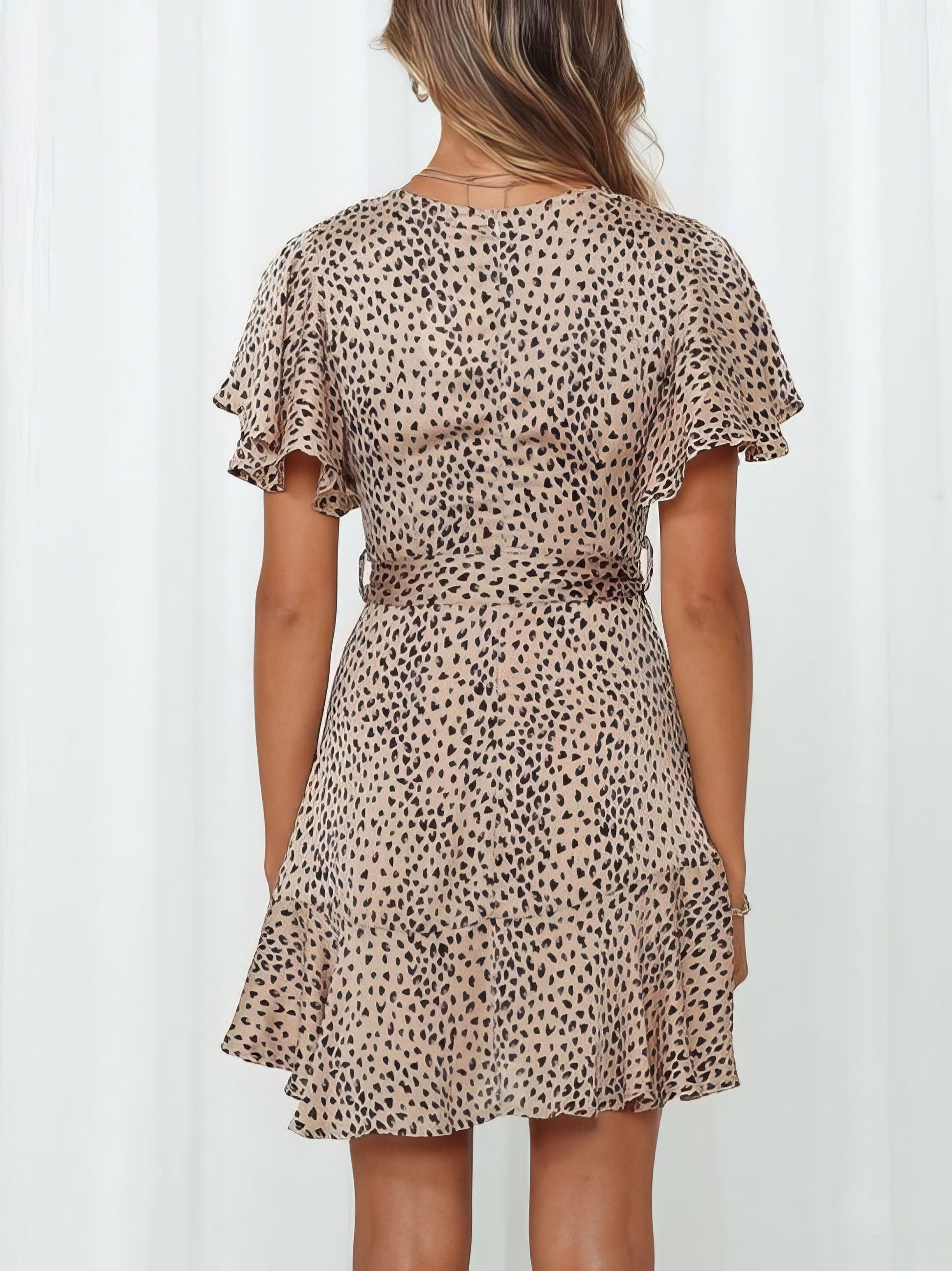 V-neck Ruffled Belt Wrap Mini Dress - LuckyFash™