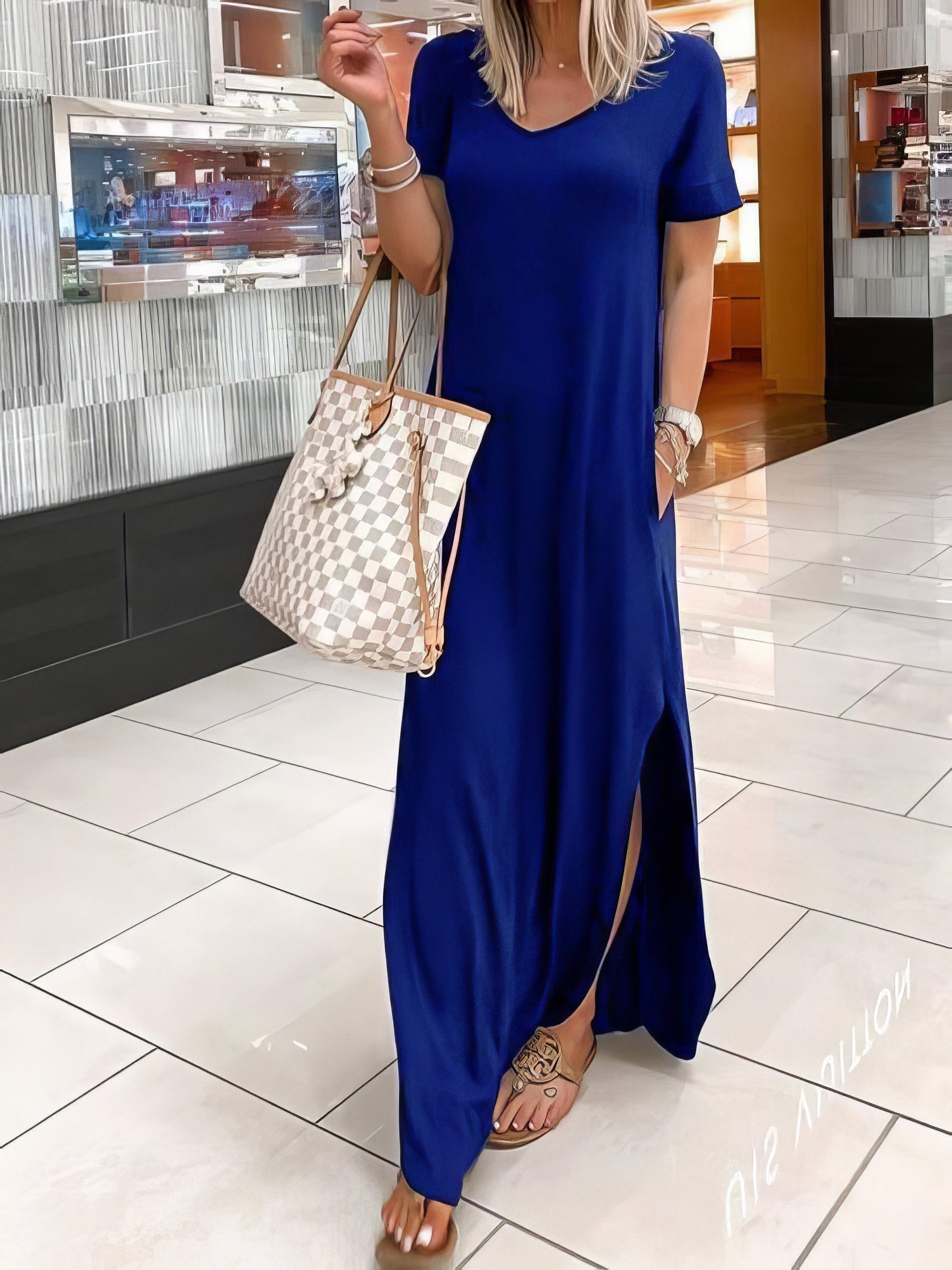 V-Neck Short Sleeve Casual Pocket Dress - LuckyFash™