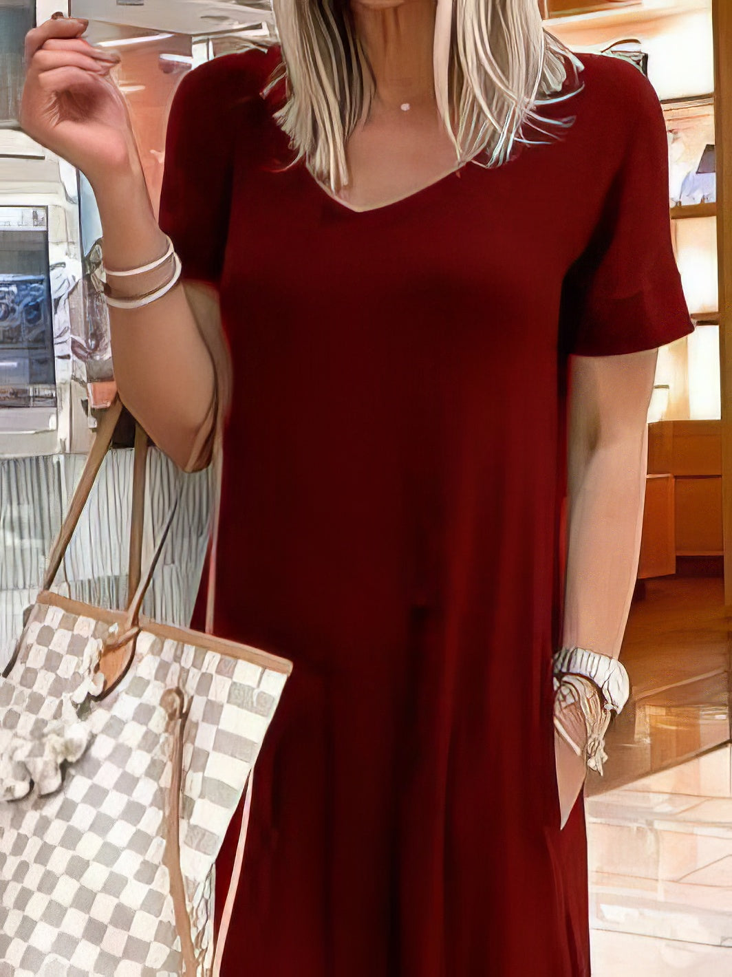 V-Neck Short Sleeve Casual Pocket Dress - LuckyFash™