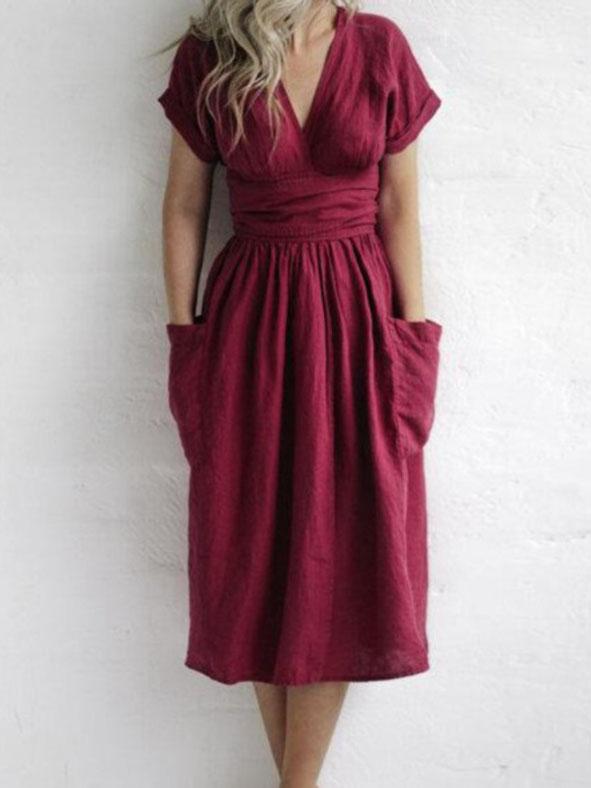 V-neck Short Sleeve Pocket Solid Color Dress - LuckyFash™