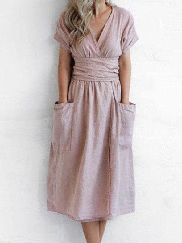 V-neck Short Sleeve Pocket Solid Color Dress - LuckyFash™