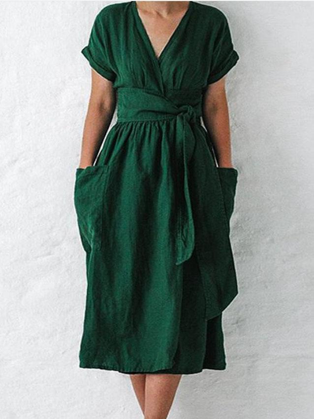 V-neck Short Sleeve Pocket Solid Color Dress - LuckyFash™