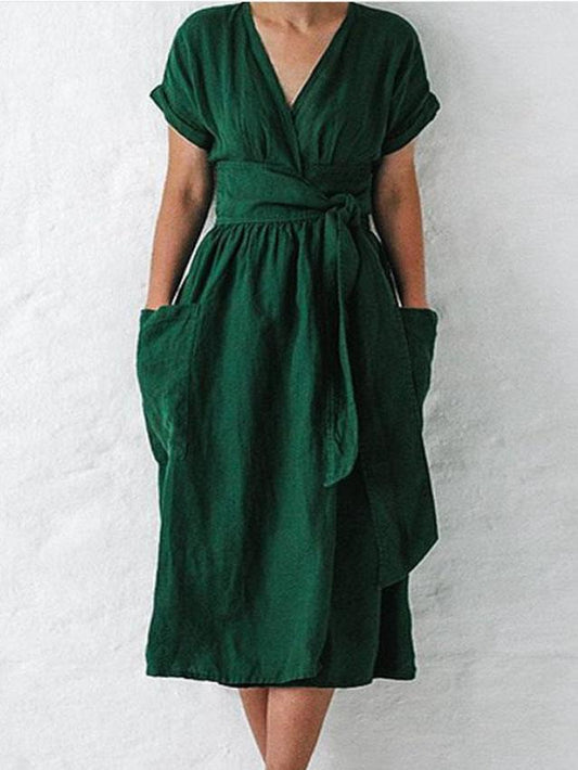 V-neck Short Sleeve Pocket Solid Color Dress - LuckyFash™