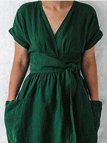 V-neck Short Sleeve Pocket Solid Color Dress - LuckyFash™