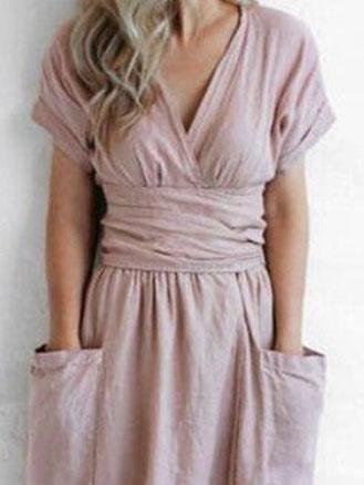 V-neck Short Sleeve Pocket Solid Color Dress - LuckyFash™