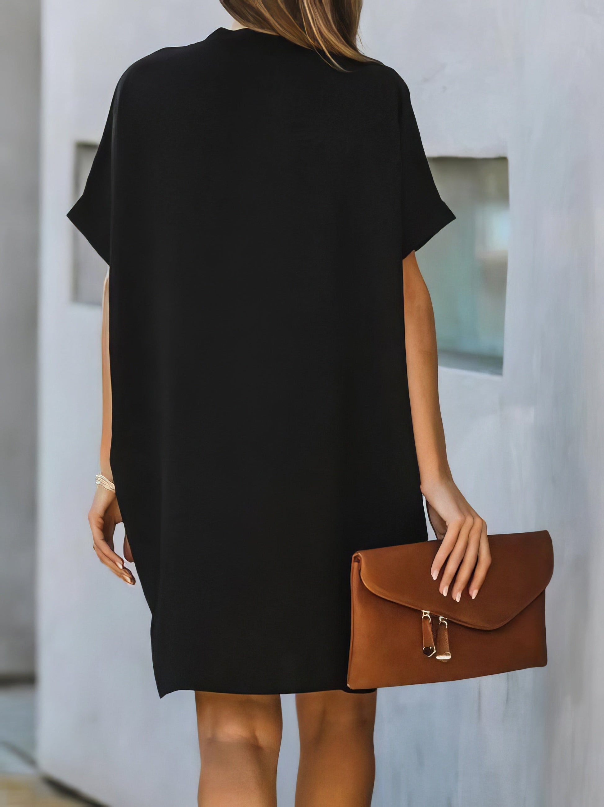 V-neck Short Sleeve Solid Color Loose Dress - LuckyFash™