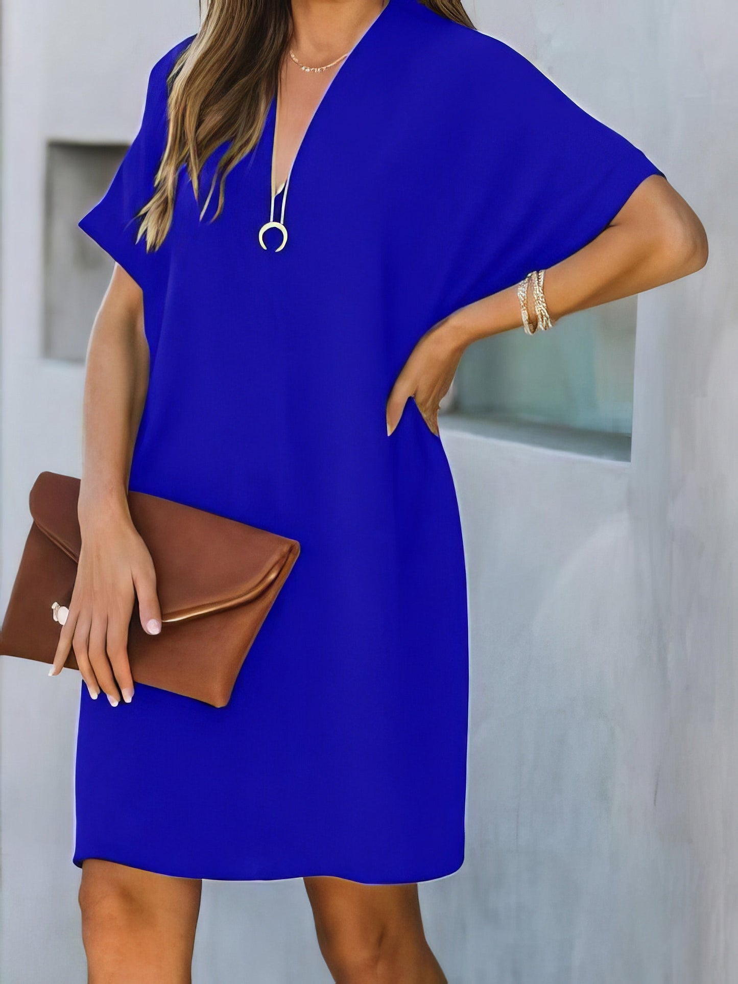 V-neck Short Sleeve Solid Color Loose Dress - LuckyFash™