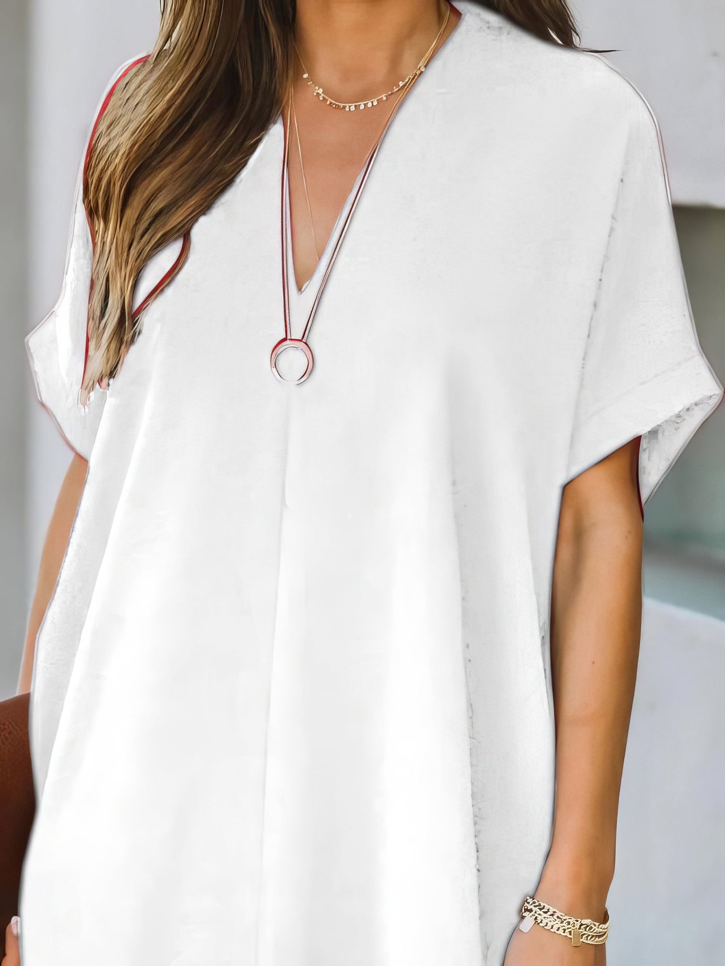 V-neck Short Sleeve Solid Color Loose Dress - LuckyFash™