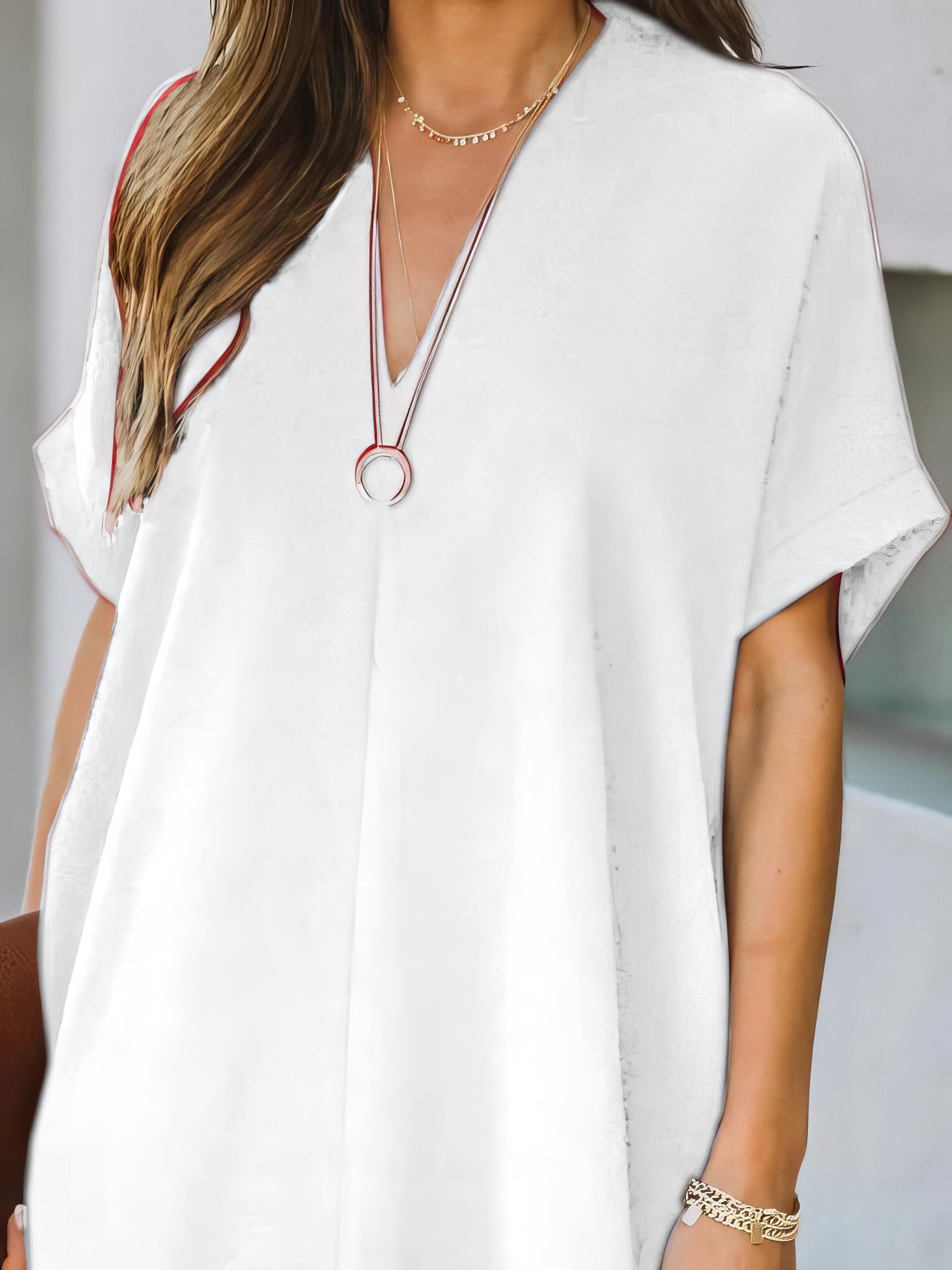 V-neck Short Sleeve Solid Color Loose Dress - LuckyFash™