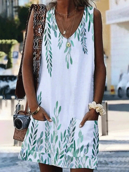 V-Neck Sleeveless Leaf Print Pocket Loose Dress - LuckyFash™