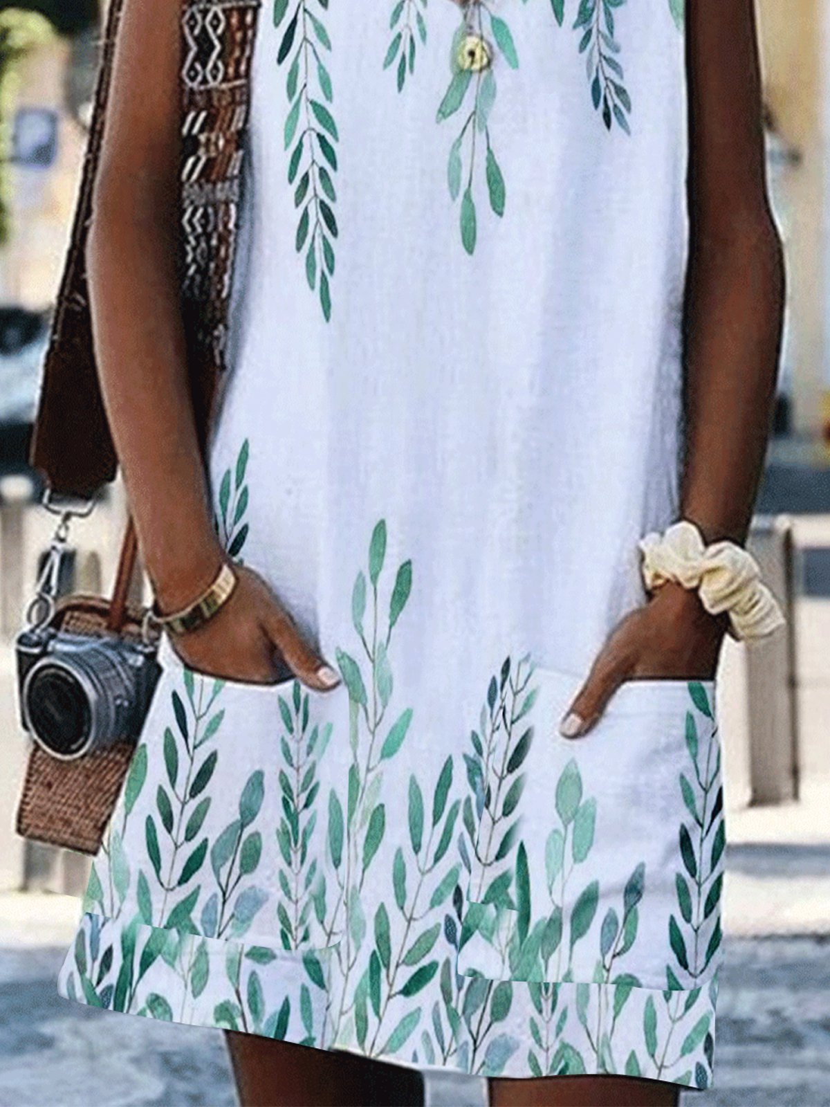 V-Neck Sleeveless Leaf Print Pocket Loose Dress - LuckyFash™